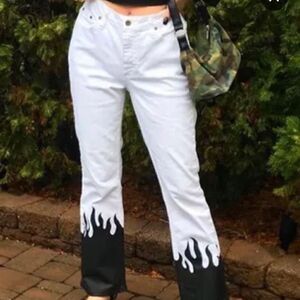 Hand Painted flame Jean’s  One of a Kind white Denim C19